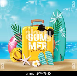 Summer travel luggage vector design. Summer vacation text in yellow suitcase with surfboard, floaters, flipflop and leaf elements in beach seaside Stock Vector