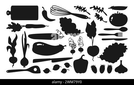 Vegetables and kitchen utensils cartoon silhouette set. Vegetable carrot, cucumber, lettuce, pepper or onion garlic etc. Hand drawn healthy diet farm product. Shape fresh vegetarian menu vector Stock Vector