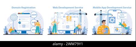 Internet Services set. Business and marketing. Domain registration ease, innovative web creation, and cutting-edge mobile app design. Powering online identities and functionalities. Stock Vector