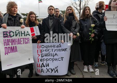 Tbilisi, Georgia. 24th Feb, 2024. Russian dissidents hold a protest in front of the Russian embassy in Tbilisi, Georgia, to mark the 2 year anniversary of the further invasion of Ukraine. Credit: Diego Montoya/Alamy Live News Stock Photo