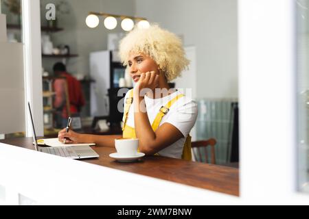 Young biracial woman works on her laptop at a coffee shop with copy space Stock Photo