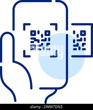Hand holding smartphone scanning a qr code. Pixel perfect vector icon Stock Vector
