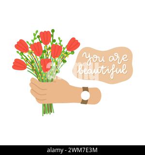 Hand icon holding bouquet with tulips. Hand drawn flat cartoon element. Vector illustration Stock Vector