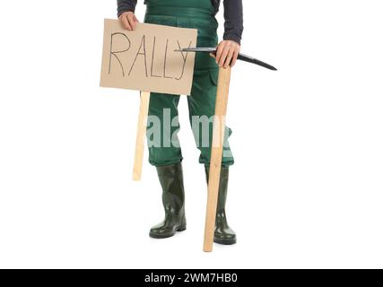 Protesting miner man with placard and pick axe on white background Stock Photo