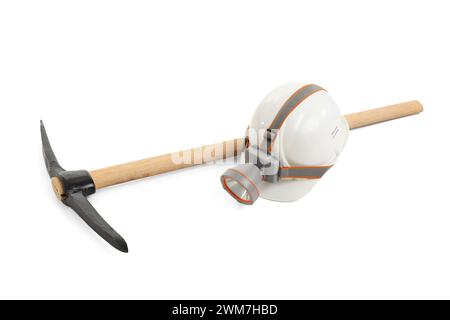 Miner's hat with pick axe on white background Stock Photo