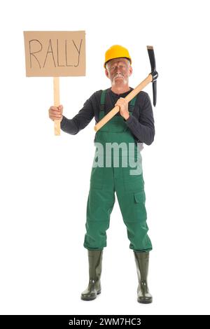 Protesting miner man with placard and pick axe on white background Stock Photo