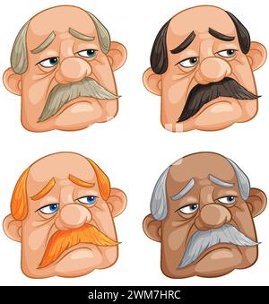 Four stylized elderly male faces with different expressions. Stock Vector