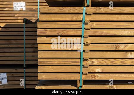 Gothenburg, Sweden - April 09 2022: Large stacks of wood planks. Stock Photo