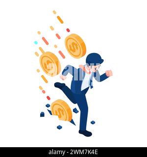 Flat 3d Isometric Businessman Running Away from Falling Money. Financial Crisis and Bankruptcy Concept. Stock Vector