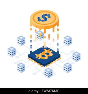 Flat 3d Isometric Dollar Coin Transition to Bitcoin or Digital Currency. Digital Currency or Cryptocurrency Concept. Stock Vector