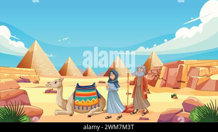 Animated travelers with camel near Egyptian pyramids. Stock Vector