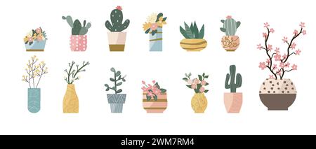 Houseplants and flowers in pots and vases - set of vector illustrations. Succulents, cactus, flowers and spring branches and banch can used for greeting card, banners, stickers.  Stock Vector