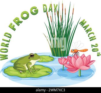 Frog on lily pad with dragonfly and plants Stock Vector
