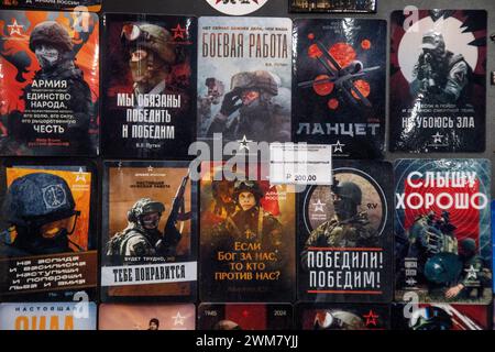 Moscow, Russia. 23rd of February, 2024. Souvenir stickers of the Russian Army lie on the counter of a souvenir shop at the VDNH exhibition complex in Moscow, Russia Stock Photo