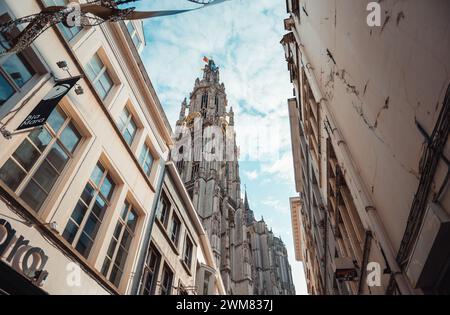 The catholic Cathedral of Our Lady in Antwerp. Looking up view from Maalderijstraat. Stock Photo