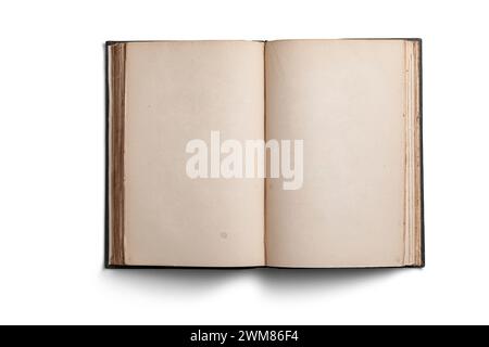 Old Book Opened with Blank Pages on White Background Stock Photo