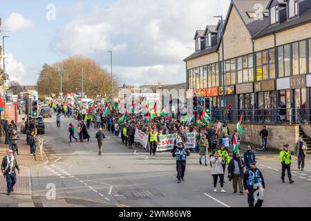 Bradford, UK. 24 FEB, 2024. Pro Palestinian protestors march down Leeds RD towards central Bradford. Credit Milo Chandler/Alamy Live News Stock Photo