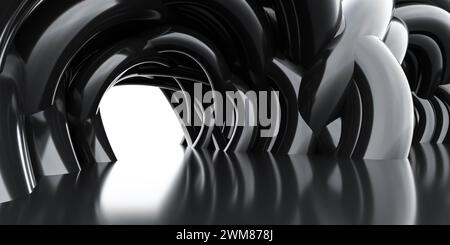 a black abstract minimalistic futuristic architecture tunnel 3d render illustration Stock Photo