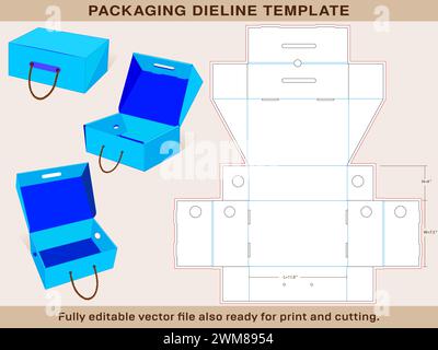 Rope Handle Shoe Box Dieline template of Small size 11 x 7.5 x 4 Inch | One piece corrugated shoebox die line template Stock Vector