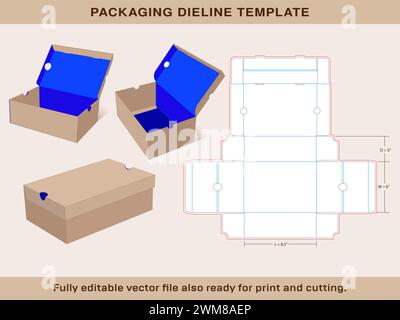 Sneaker shoe Box Template Mini Size 8.5x 6x3 Inch | One piece corrugated shoebox die line template Stock Vector