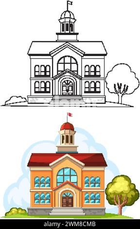 Vector illustration of a schoolhouse in two styles. Stock Vector