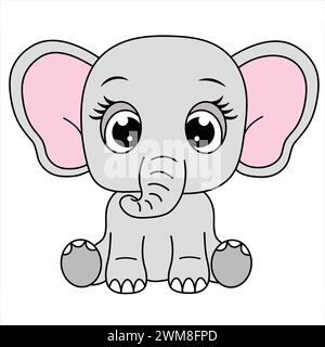 Cartoon Baby Elephant Illustration For Children. Cute Elephant Sitting. Safari Animal Background Stock Vector