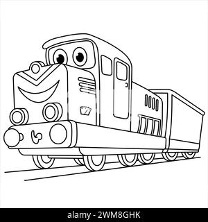 Cartoon Happy Train Coloring Page. Locomotive Isolated On White Background. Illustration For Children. Coloring Book Stock Vector