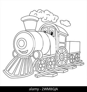 Funny Steam Train Cartoon. Old Locomotive Isolated On White Background. Illustration For Children. Coloring Book Stock Vector