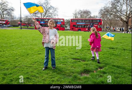 February 24, 2024: Hundreds of Ukraine supporters have marched through central London to mark the second anniversary of the Russian invasion. Demonstrators gathered at Speakers' Corner in Hyde Park before walking to Trafalgar Square for a vigil. Many were draped in Ukrainian flags and some held signs urging Russia to ''stop the war' (Credit Image: © Velar Grant/ZUMA Press Wire) EDITORIAL USAGE ONLY! Not for Commercial USAGE! Stock Photo