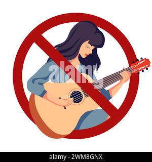Woman playing guitar in forbidden sign. You cannot play an acoustic guitar on stage. Do not touch the instruments. Playing music is prohibited Stock Vector