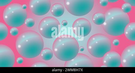 A turquoise bubbles on a pink background. Abstract bubble neon background. 3d texture of liquid with blobs in y2k style. Seamless pattern. Vector illu Stock Vector