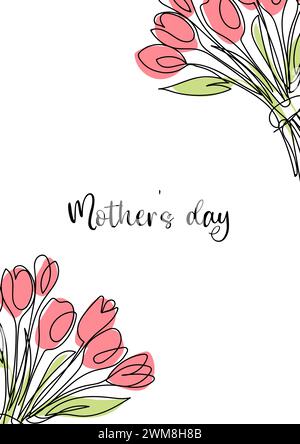 Mother's day card with line art tulip flowers, bouquets, spring holiday, congratulations poster on white background Stock Vector
