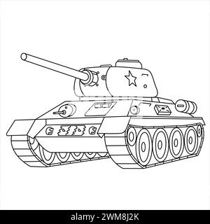 Soviet Tank T-34. Military Vehicle Coloring Book For Children And Adults. Russian World War II Battle Tank Isolated On White Background. Tank Drawing Stock Vector