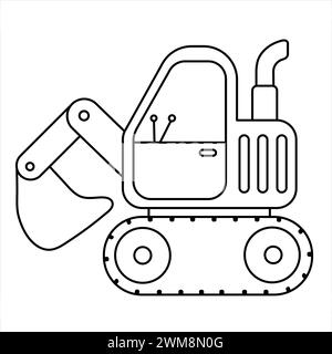 Excavator Coloring Page. Construction Vehicle Coloring Book For Children. Cartoon Truck Vector Illustration. Icon Style With Black Outline. Logo Desig Stock Vector