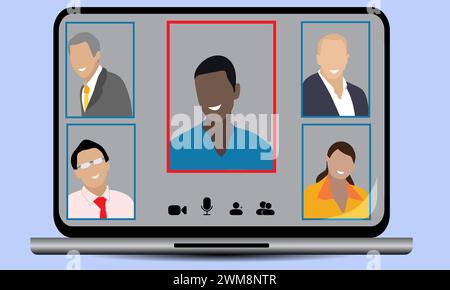 Laptop screen showing business people on a teleconference call together, Office people remotely working have a video conference meeting, VOIP call Stock Vector
