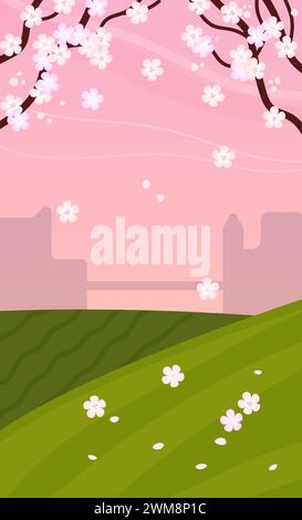 Spring vertical background, sakura blooming landscape on field. Beautiful illustration template Stock Vector