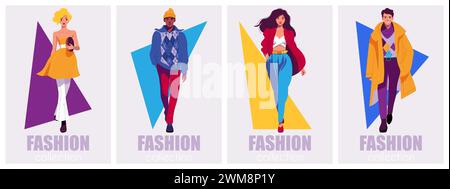 Male and female models dressed in haute couture clothing on fashion show. Flat vector posters Stock Vector