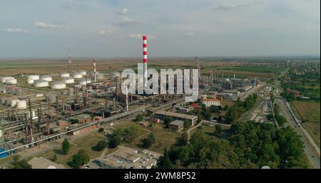 Oil refinery, drone shot. Chimney smoke stack Stock Photo