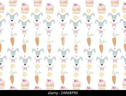 Seamless pattern with rabbits, carrots, easter cakes on white background vector illustration. Cute cartoon character. Stock Vector