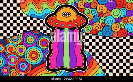 Surreal groovy UFO on bright psychedelic background. Stock Vector