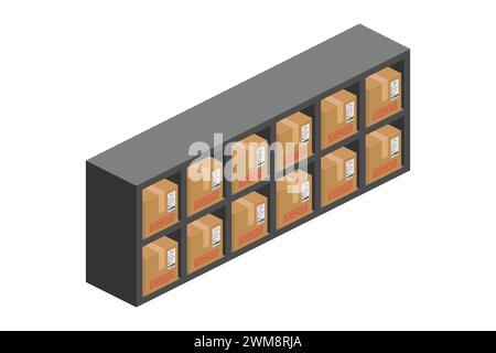 storage shelf bookcase with parcel boxes isometric vector flat illustration Stock Vector