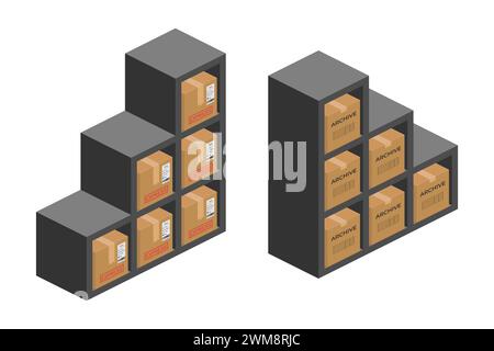 storage shelf bookcase with parcel boxes isometric vector flat illustration Stock Vector