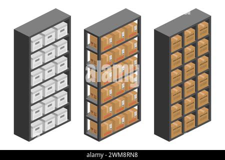 storage shelf bookcase with parcel boxes isometric vector flat illustration Stock Vector