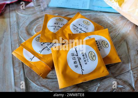Dreamy Chamomile herb tea packets by Magnet tea brand, a Taiwanese tea company headquartered in Taipei, Taiwan; established in 1996. Stock Photo