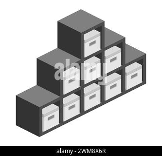 storage shelf bookcase with parcel boxes isometric vector flat illustration Stock Vector