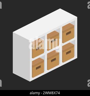 storage shelf bookcase with parcel boxes isometric vector flat illustration Stock Vector