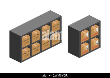 storage shelf bookcase with parcel boxes isometric vector flat illustration Stock Vector