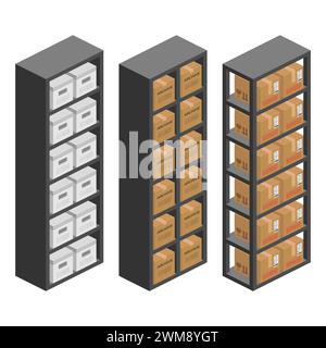 storage shelf bookcase with parcel boxes isometric vector flat illustration Stock Vector