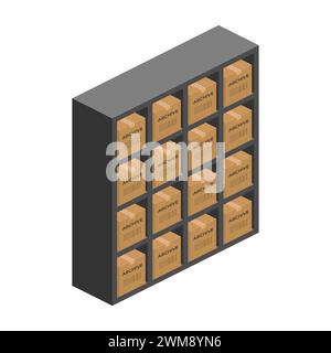 storage shelf bookcase with parcel boxes isometric vector flat illustration Stock Vector