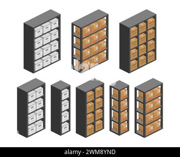 storage shelf bookcase with parcel boxes isometric vector flat illustration Stock Vector